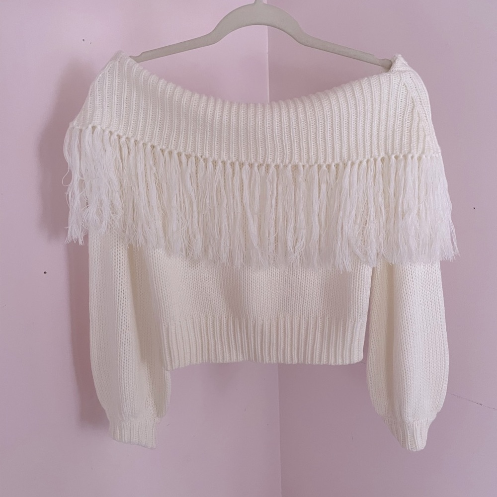 Off the shoulder fringe sweater